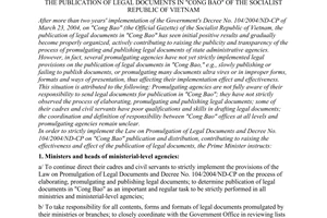 Dirrective No. 03/2007/CT-TTg of February 15, 2007 on a number of measures to raise the quality and effectiveness of the publication of legal documents in "CONG BAO" of the socialist republic of Vietnam
