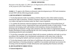 Decision No. 27/2007/QD-TTg of February 15, 2007 approving the scheme on domestic trade development up to 2010 and orientations toward 2020
