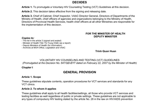 Decision No. 647/QD-BYT of February 22, 2007, on promulgation of voluntary HIV counseling and testing (VCT) guidelines