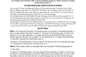 Quyết định 27/2007/QĐ-UBND thành lập Trung tâm Y tế Dự phòng quận 12 thuộc Ủy ban nhân dân quận 12