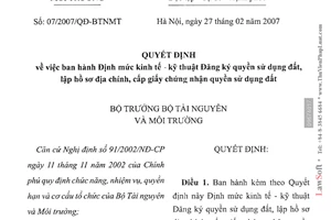 Quyết định 07/2007/QĐ-BTNMT Định mức kinh tế kỹ thuật Đăng ký quyền sử dụng đất lập hồ sơ địa chính cấp giấy chứng nhận quyền sử dụng đất