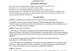 Decision No. 29/2007/QD-TTg of February 28, 2007 on the setting up, organization and operation of The Vietnam fund for aquatic resources reproduction (VIFARR)