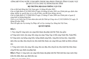 Quyết định 11/2007/QĐ-BGTVT công bố vùng nước cảng biển địa phận tỉnh Hà Tĩnh khu vực quản lý Cảng vụ hàng hải Hà Tĩnh