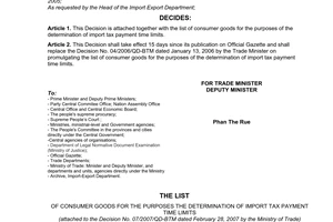 Decision No. 07/2007/QD-BTM of February 28, 2007 on the issuance of the list of consumer goods for the purposes of the determination of import tax payment time limits