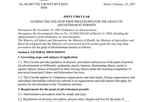 Joint circular No. 06/2007/TTLT-BVHTT-BYT-BNN-BXD of February 28, 2007, guiding the one-stop shop procedures for the grant of advertisement permits.