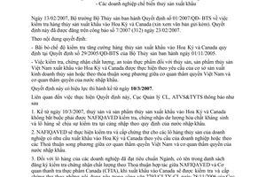 Công văn  545/CLTY-CL  kiểm tra, chứng nhận thủy sản xuất khẩu vào Hoa Kỳ và Canada