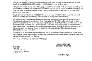 Công văn  544/CLTY-CL  kiểm tra hàng thuỷ sản xuất khẩu vào thị trường Hoa Kỳ và Canada