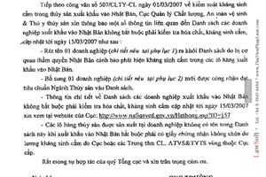 Công văn  668/CLTY-CL bổ sung danh sách doanh nghiệp xuất khẩu thủy sản vào Nhật Bản