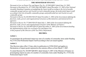 Decision No. 09/2007/QD-BTC of March 06, 2007 on promulgating import tax rates of a number of commodity items under heading no. 2710 in the preferential import tariff