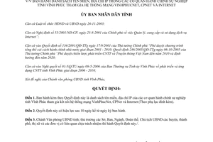 Quyết định 16/2007/QĐ-UBND tên miền IP cơ quan hành chính sự nghiệp Vĩnh Phúc