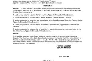 Decision No. 13/2007/QD-BTC of March, 13 2007, issuing model prospectus in application files for registration of a public offer of securities or for registration of securities listing on the stock exchange/securities trading centre.