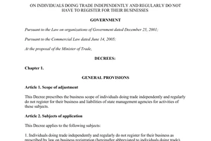 Decree No. 39/2007/ND-CP individuals doing trade do not have to register for their businesses