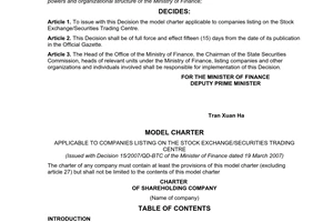 Decision No. 15/2007/QD-BTC of March 19, 2007, issuing the model charter applicable to companies listing on the stock exchange/securities trading centre.