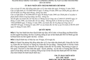 Quyết định 45/2007/QĐ-UBND Quy chế tổ chức hoạt động Đoàn Kiểm tra liên ngành hoạt động văn hóa phòng chống tệ nạn xã hội thành phố Hồ Chí Minh