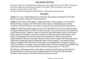 Decision No. 38/2007/QD-TTg of March 20, 2007, on criteria for classification of and list of enterprises with one hundred (100) per cent state owned capital.