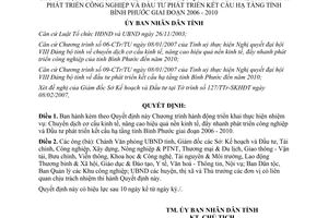 Quyết định 16/2007/QĐ-UBND Chuyển dịch cơ cấu kinh tế đẩy nhanh phát triển công nghiệp Bình Phước