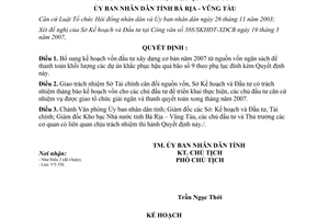 Quyết định 18/2007/QĐ-UBND bổ sung vốn xây dựng khắc phục hậu quả bão số 9 Bà Rịa