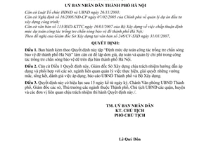 Quyết định 37/2007/QĐ-UBND định mức dự toán công tác trồng tre chắn sóng bảo vệ đê thành phố Hà Nội