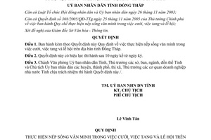 Quyết định 22/2007/QĐ-UBND nếp sống văn minh trong cưới tang lễ hội Đồng Tháp