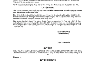 Quyết định 23/2007/QĐ-BYT Quy chế kiểm tra nhà nước chất lượng vệ sinh an toàn thực phẩm nhập khẩu