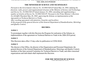 Decision No. 05/2007/QD-BKHCN of March 30, 2007 promulgating the program for realization of the scheme on implementation of the agreement on technical barriers to trade in the 2006-2010 period