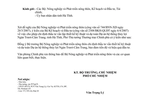 Công văn 2145/VPCP-NN  lựa chọn thầu tư vấn lập thiết kế kỹ thuật và dự toán Dự án hệ thống thủy lợi Ngàn Trươi-Cẩm Trang, tỉnh Hà Tĩnh