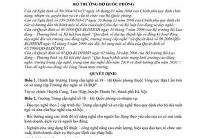 Quyết định 53/2007/QĐ-BQP thành lập Trường Trung cấp nghề số 18 – Bộ Quốc phòng