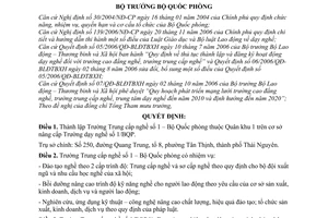 Quyết định 49/2007/QĐ-BQP thành lập Trường Trung cấp nghề số 1 Bộ Quốc phòng