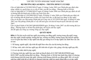 Quyết định 468/QĐ-BLĐTBXH xác định chỉ tiêu tuyển sinh quy trình đăng ký chỉ tiêu tuyển sinh học nghề năm 2007