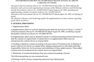 Circular No. 09/2007/TT-BKHCN of April 06, 2007 guiding the implementation of a number of articles of The Governments Decree No. 89/2006/ND-CP dated August 30, 2006 on labeling of goods