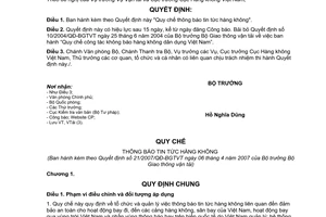 Quyết định 21/2007/QĐ-BGTVT Quy chế thông báo tin tức hàng không