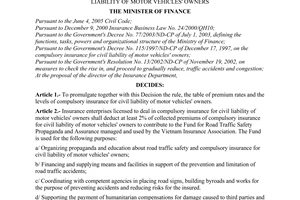 Decision No. 23/2007/QD-BTC of April 09, 2007, promulgating the regulation on compulsory insurance for civil liability of motor vehicles' owners.
