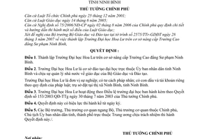 Quyết định 407/QĐ-TTg thành lập Trường Đại học Hoa Lư thuộc Ủy ban nhân dân tỉnh Ninh Bình