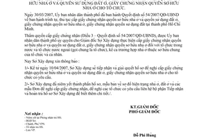 Thông báo 2359/TB-SXD-VP tiếp nhận giải quyết hồ sơ cấp giấy chứng nhận quyền sở hữu nhà đất ở cho tổ chức