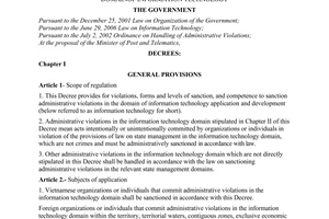 Decree No. 63/2007/ND-CP of April 10, 2007, providing for sanctioning of administrative violations in the domainof information technology