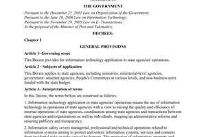 Decree No. 64/2007/ND-CP of April 10, 2007, on information technology application in state agencies' operations