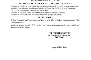 Order No. 03/2007/L-CTN of April 11, 2007, on the promulgation of Law Amending and Supplementing a Number of Articles of the Law on Organization of the National Assembly