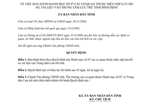 Quyết định 08/2007/QĐ-UBN cơ quan nộp lưu hồ sơ vào Trung tâm Lưu trữ Bình Định
