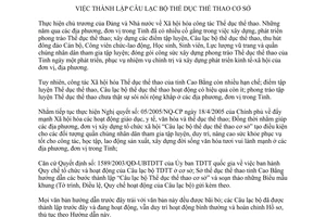 Hướng dẫn 88/HD-STDTT thành lập Câu lạc bộ thể dục thể thao cơ sở Cao Bằng