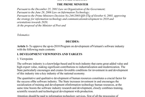 Decision No. 51/2007/QD-TTg of April 12, 2007 approving the up-to-2010 program o n development of Vietnam's Software Industry
