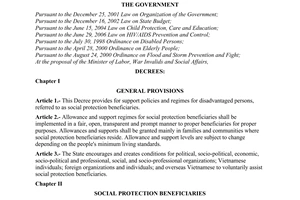 Decree  No. 67/2007/ND-CP of April 13, 2007, on support policies for social protection beneficiaries.