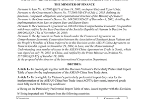 Decision No.26/2007/QD-BTC of April 16, 2007 promulgating Vietnams particularly preferential import table of rates for the implementation of The ASEAN-China Free Trade Area