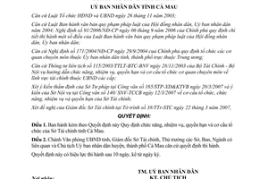 Quyết định 07/2007/QĐ-UBND chức năng nhiệm vụ quyền hạn Sở Tài chính Cà Mau