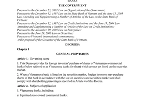 Decree  No. 69/2007/ND-CP of April 20, 2007, on foreign investors' purchase of shares of Vietnamese commercial banks