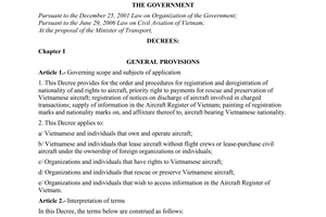 Decree No. 70/2007/ND-CP of April 20, 2007, on registration of nationality of and rights to civil aircraft.