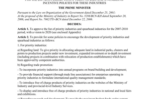 Decision No. 55/2007/QD-TTg of April 23, 2007 approving the list of priority industries and spearhead industries for the 2007-2010 period, with a vision to 2020, and a number of incentive policies for these industries
