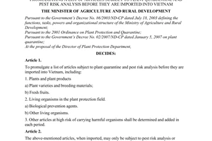 Decision No. 34/2007/QD-BNN of April 23, 2007 promulgating a list of articles subject to plant quarantine and pest risk analysis before they are imported into Vietnam