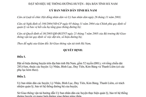 Quyết định 08/2007/QĐ-UBND đặt số hiệu hệ thống đường huyện tỉnh Hà Nam