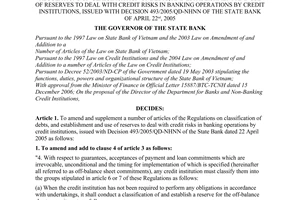 Decision No. 18/2007/QD-NHNN of April 25, 2007, on amendment of and addition to a number of articles of the regulations on classification of debts, and establishment and use of reserves to deal with credit risks in banking operations by credit institutions, issued with Decision 493-2005/QD-NHNN of the State Bank of April 22nd, 2005