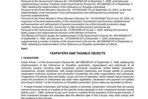 Circular No. 42/2007/TT-BTC of April 27, 2007 guiding the implementation of The Governments Decree No. 68/1998/ND-CP of September 3, 1998, detailing the implementation of the ordinance on royalties (amended and Decree No. 147/2006/ND-CP of December 1, 2006, amending and supplementing a number of articles of Decree No. 68/1998/ND-CP